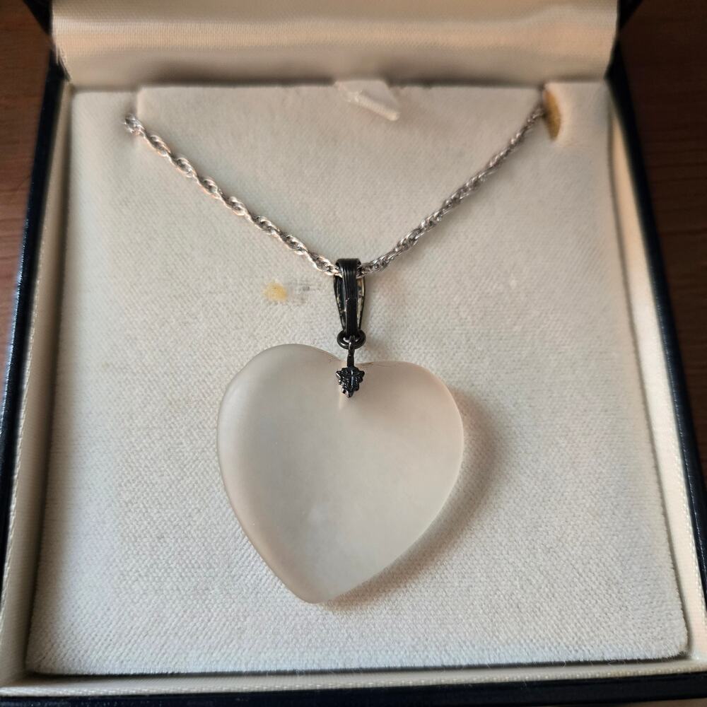 Vintage Sterling Silver and Large Frosted Heart Pendant Necklace